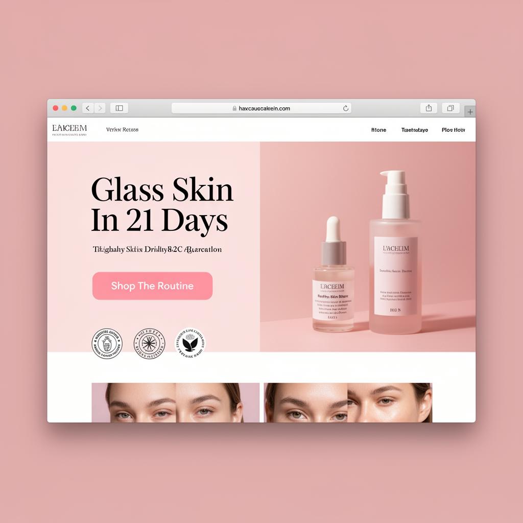 D2C Skincare landing page sample — Glass skin in 21 days, risk-free